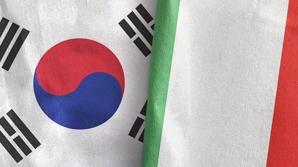 Itálie a Jižní Korea dvě vlajky textilní látky 3D vykreslování — Stock fotografie