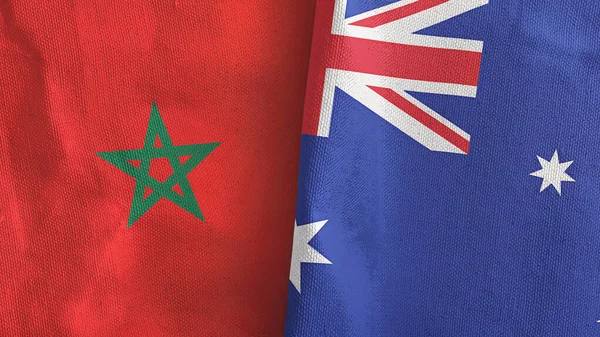 Australië en Marokko twee vlaggen textiel doek 3D rendering — Stockfoto