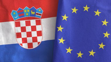 European Union and Croatia two flags textile cloth 3D rendering