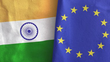 European Union and India two flags textile cloth 3D rendering