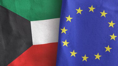European Union and Kuwait two flags textile cloth 3D rendering