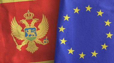 European Union and Montenegro two flags textile cloth 3D rendering