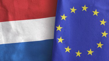 European Union and Netherlands two flags textile cloth 3D rendering