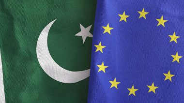European Union and Pakistan two flags textile cloth 3D rendering
