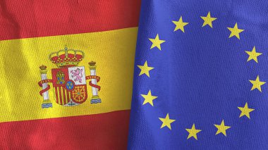 European Union and Spain two flags textile cloth 3D rendering