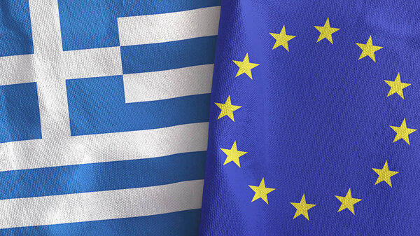European Union and Greece two flags textile cloth 3D rendering