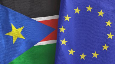European Union and South Sudan two flags textile cloth 3D rendering
