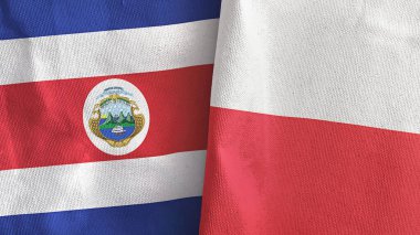 Poland and Costa Rica two flags textile cloth 3D rendering