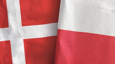 Poland and Denmark two flags textile cloth 3D rendering
