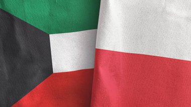 Poland and Kuwait two flags textile cloth 3D rendering
