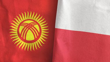 Poland and Kyrgyzstan two flags textile cloth 3D rendering