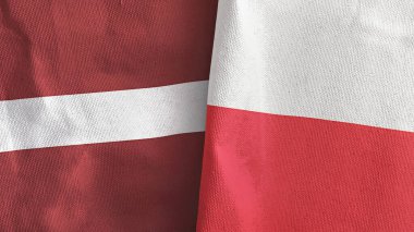 Poland and Latvia two flags textile cloth 3D rendering