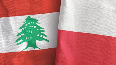 Poland and Lebanon two flags textile cloth 3D rendering