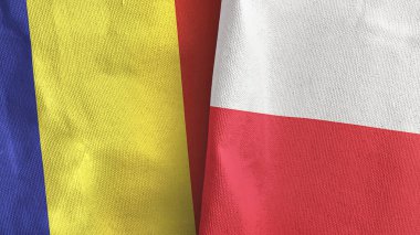 Poland and Romania two flags textile cloth 3D rendering