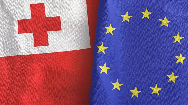 Unión Europea y Tonga dos banderas de tela textil 3D renderizado — Foto de Stock
