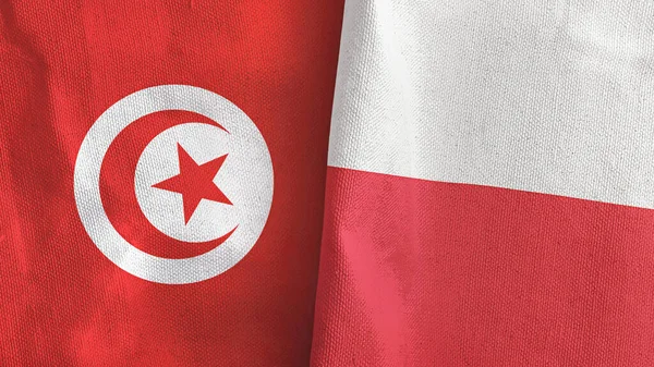 Poland and Tunisia two flags textile cloth 3D rendering — Stok fotoğraf