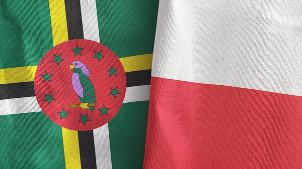 Polen en Dominica twee vlaggen textiel doek 3D rendering — Stockfoto