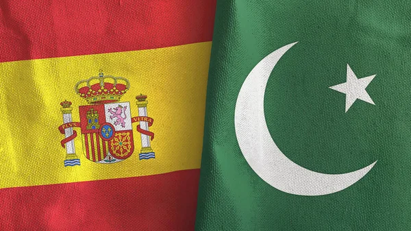 巴基斯坦和西班牙两国国旗纺织品3D渲染 — 图库照片