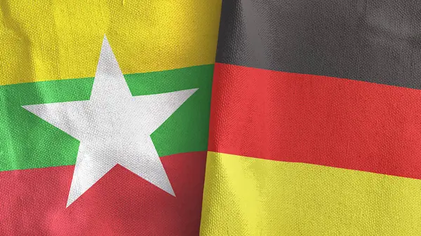 Alemania y Myanmar dos banderas de tela textil representación 3D — Foto de Stock