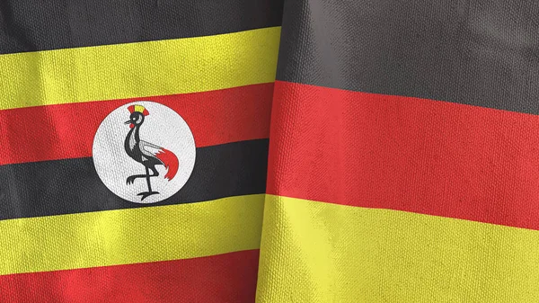 Alemanha e Uganda duas bandeiras de pano têxtil 3D renderização — Fotografia de Stock