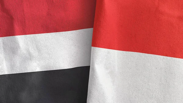 Indonesia and Yemen two flags textile cloth 3D rendering —  Fotos de Stock