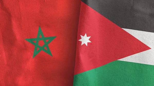 Jordanië en Marokko twee vlaggen textiel doek 3D rendering — Stockfoto