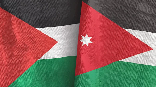Jordanië en Palestina twee vlaggen textiel doek 3D rendering — Stockfoto