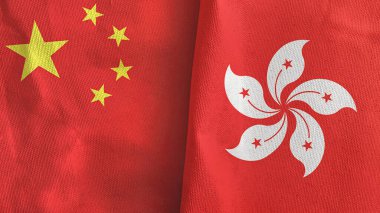 Hong Kong ve Çin 'de iki bayraklı kumaş 3D.