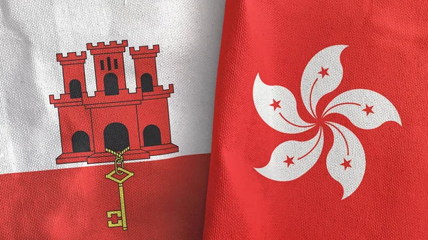 Hong Kong y Gibraltar dos banderas de tela textil representación 3D — Foto de Stock