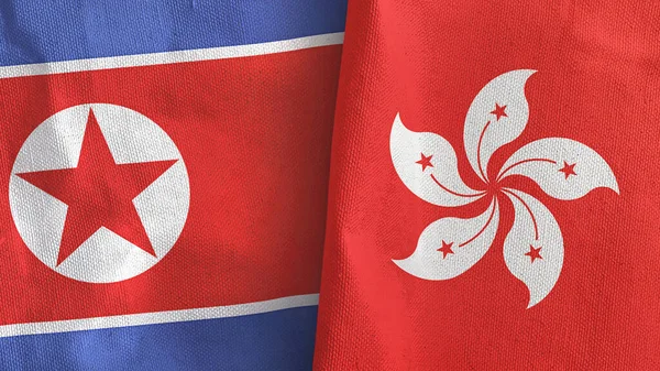Hong Kong ve Kuzey Kore iki bayraklı kumaş 3D. — Stok fotoğraf