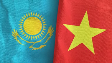 Vietnam ve Kazakistan 'da iki bayrak, üç boyutlu kumaş.