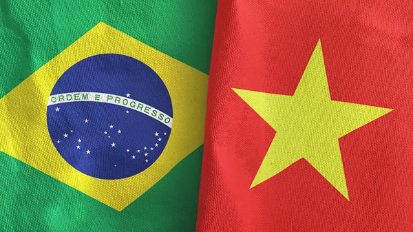 Vietnam und Brasilien zwei Flaggen Textiltuch 3D-Rendering — Stockfoto