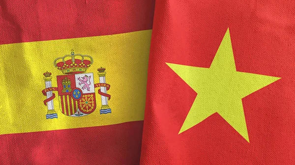 越南和西班牙两国国旗纺织品3D渲染 — 图库照片