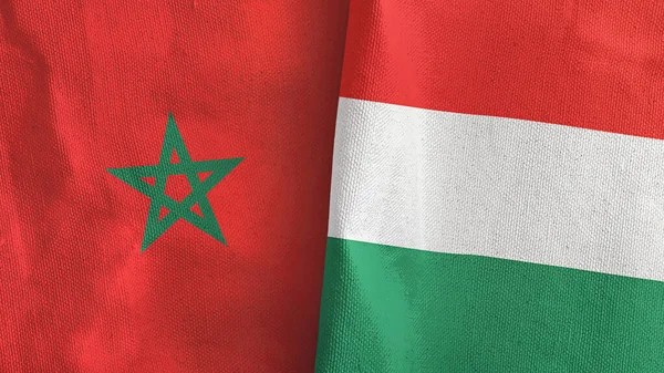 Hongarije en Marokko twee vlaggen textiel doek 3D rendering — Stockfoto