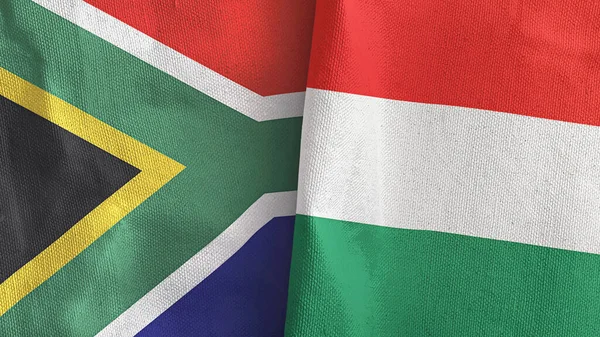 Hungría y Sudáfrica dos banderas de tela textil 3D renderizado — Foto de Stock