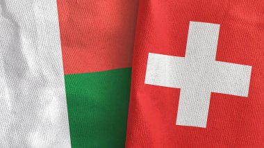 Switzerland and Madagascar two flags textile cloth 3D rendering