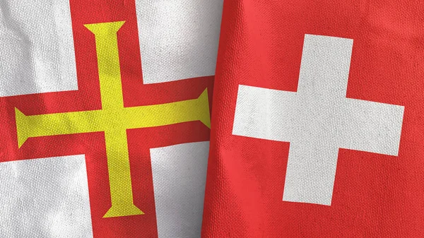Suiza y Guernsey dos banderas de tela textil representación 3D —  Fotos de Stock