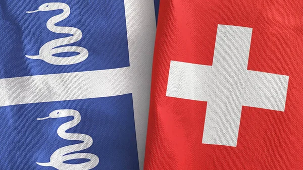 Svájc és Martinique kígyó két zászló textil ruha 3D renderelés — Stock Fotó