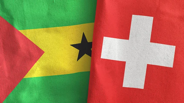 Suiza y Santo Tomé y Príncipe dos banderas de tela textil 3D renderizado — Foto de Stock
