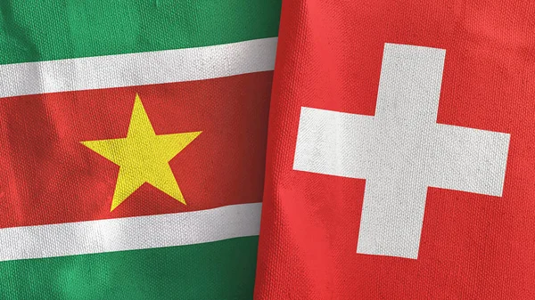 Suiza y Surinam dos banderas de tela textil 3D renderizado — Foto de Stock