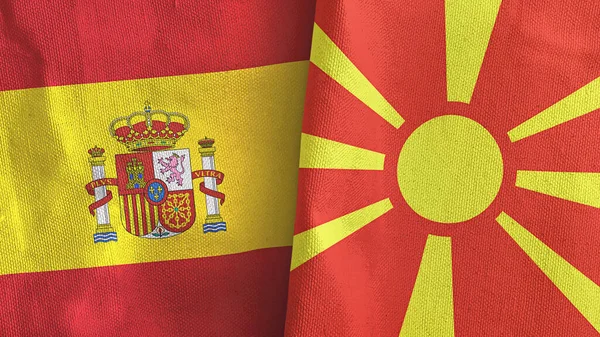 Macedonia de Nord și Spania două steaguri pânză textilă redare 3D — Fotografie, imagine de stoc