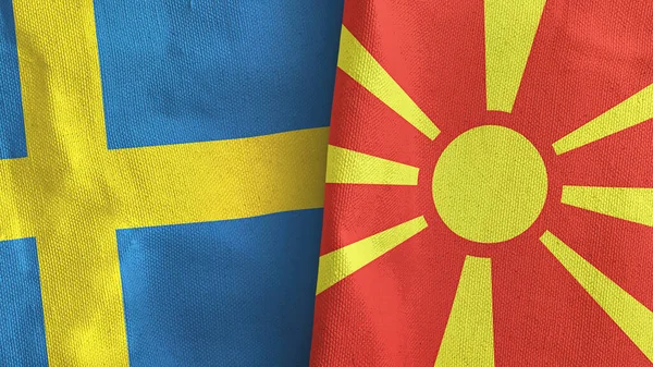 Noord Macedonië en Zweden twee vlaggen textiel doek 3D rendering — Stockfoto