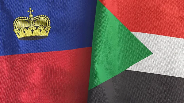Sudão e Liechtenstein duas bandeiras de pano têxtil 3D renderização — Fotografia de Stock