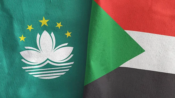Sudan and Macau two flags textile cloth 3D rendering — Foto de Stock