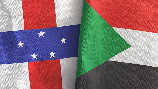 Sudan and Netherlands Antilles two flags textile cloth 3D rendering — Foto de Stock