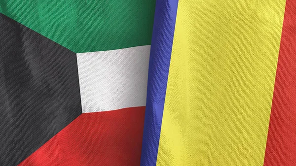 Rumänien och Kuwait två flaggor textilduk 3D-rendering — Stockfoto