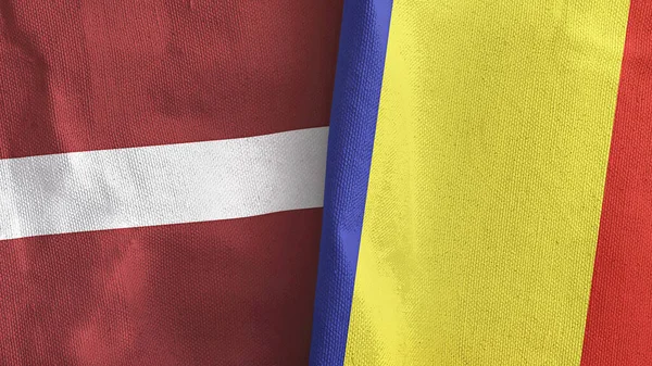 Rumunsko a Lotyšsko dvě vlajky textilní tkaniny 3D vykreslování — Stock fotografie
