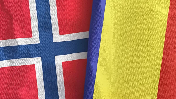 Roemenië en Noorwegen twee vlaggen textiel doek 3D rendering — Stockfoto