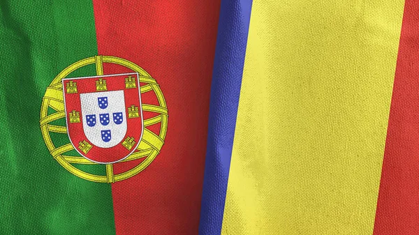 Roemenië en Portugal twee vlaggen textiel doek 3D rendering — Stockfoto
