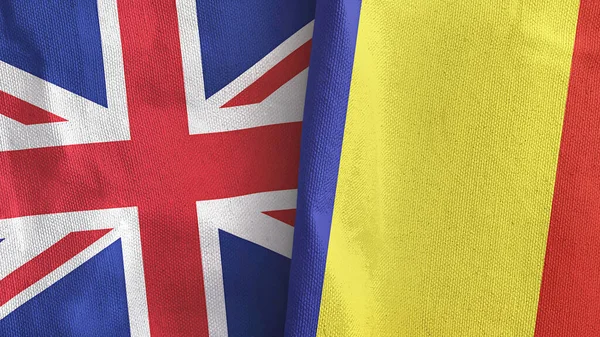 Romania and United Kingdom two flags textile cloth 3D rendering — Foto de Stock